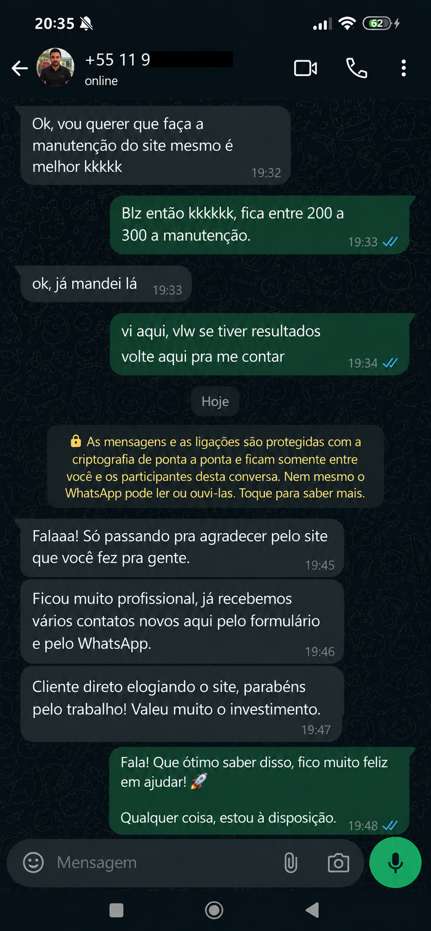 Depoimento de cliente 3 enviado por mensagem