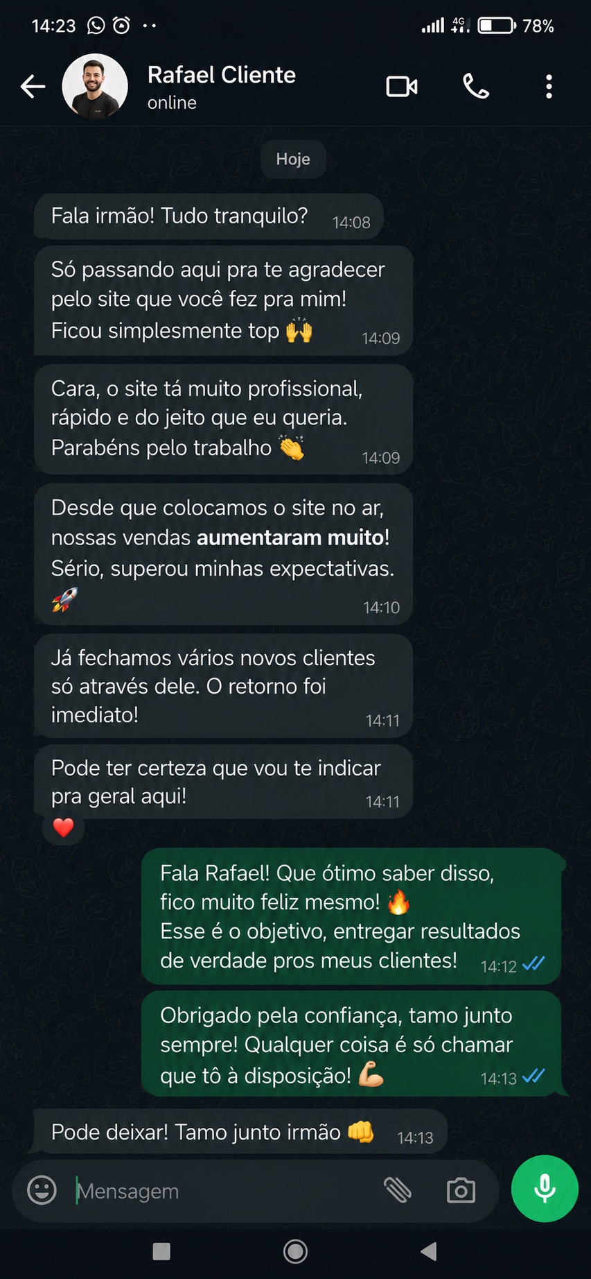 Depoimento de cliente 5 enviado por mensagem